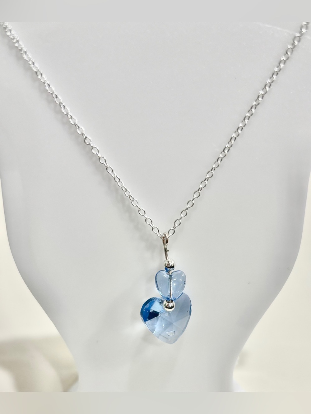 Hand Crafted Blue Double Heart Glass Pendant Necklace